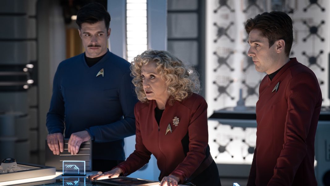 L to R Dan Jeannotte as Sam Kirk, Carol Kane as Pelia and Martin Quinn as Scotty in season 3 , Episode 5 of Strange New Worlds streaming on Paramount+.
